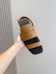 Hermes sandals brown leather with black footbed and silver H logo buckle