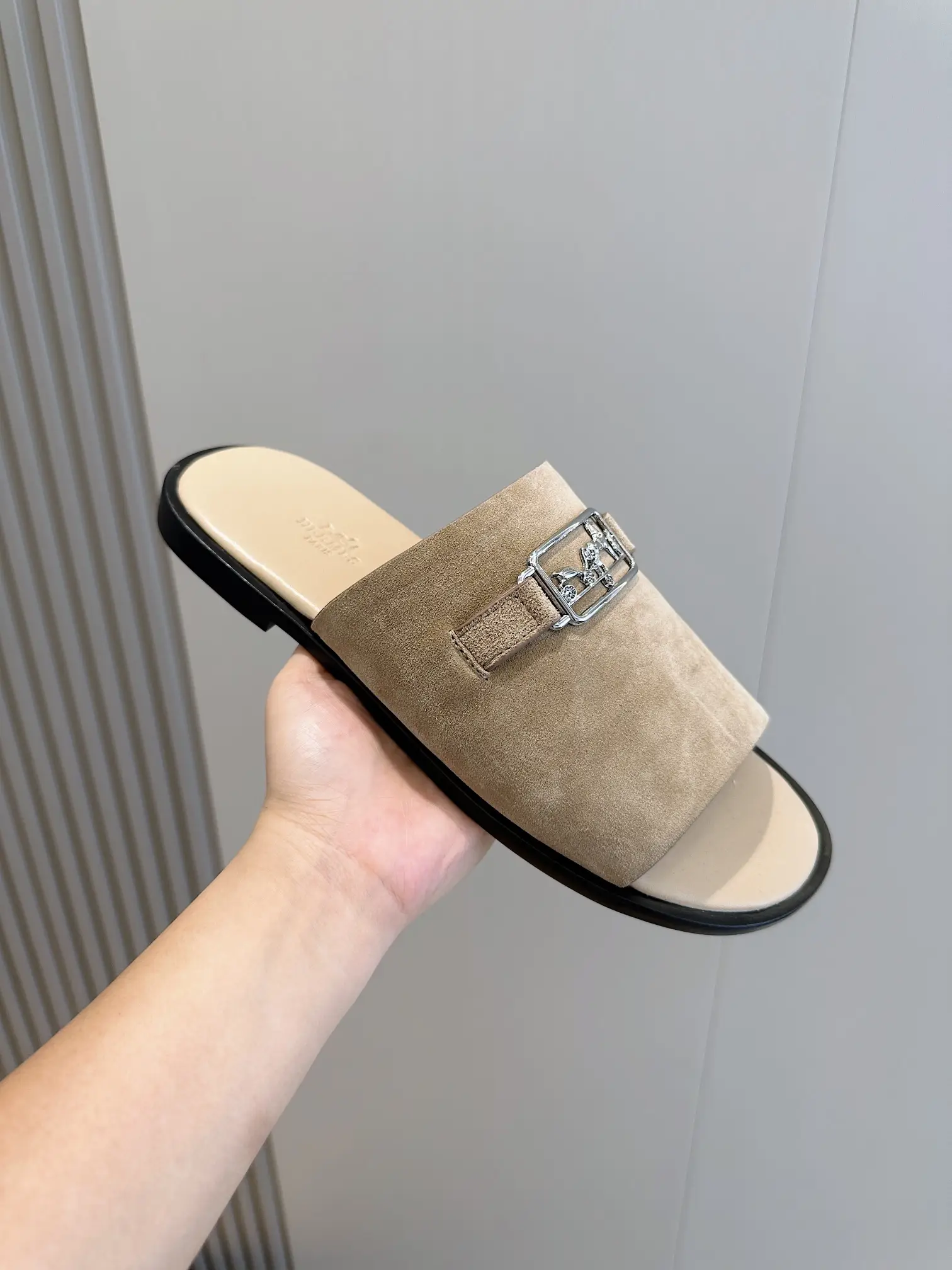 Hermes Oran Slide Sandal beige suede leather with silver buckle detail