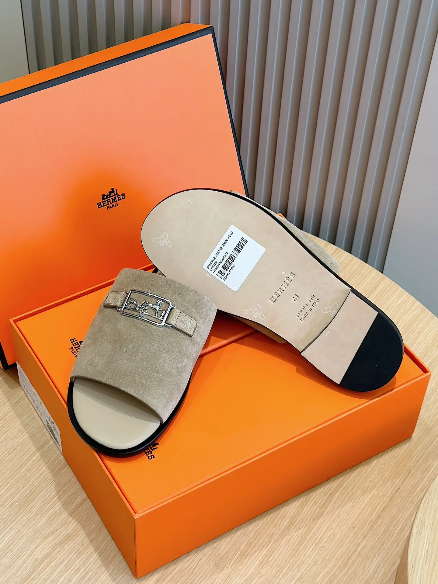 Hermes Oran sandals taupe suede slides with silver buckle leather sole size 41 luxury footwear