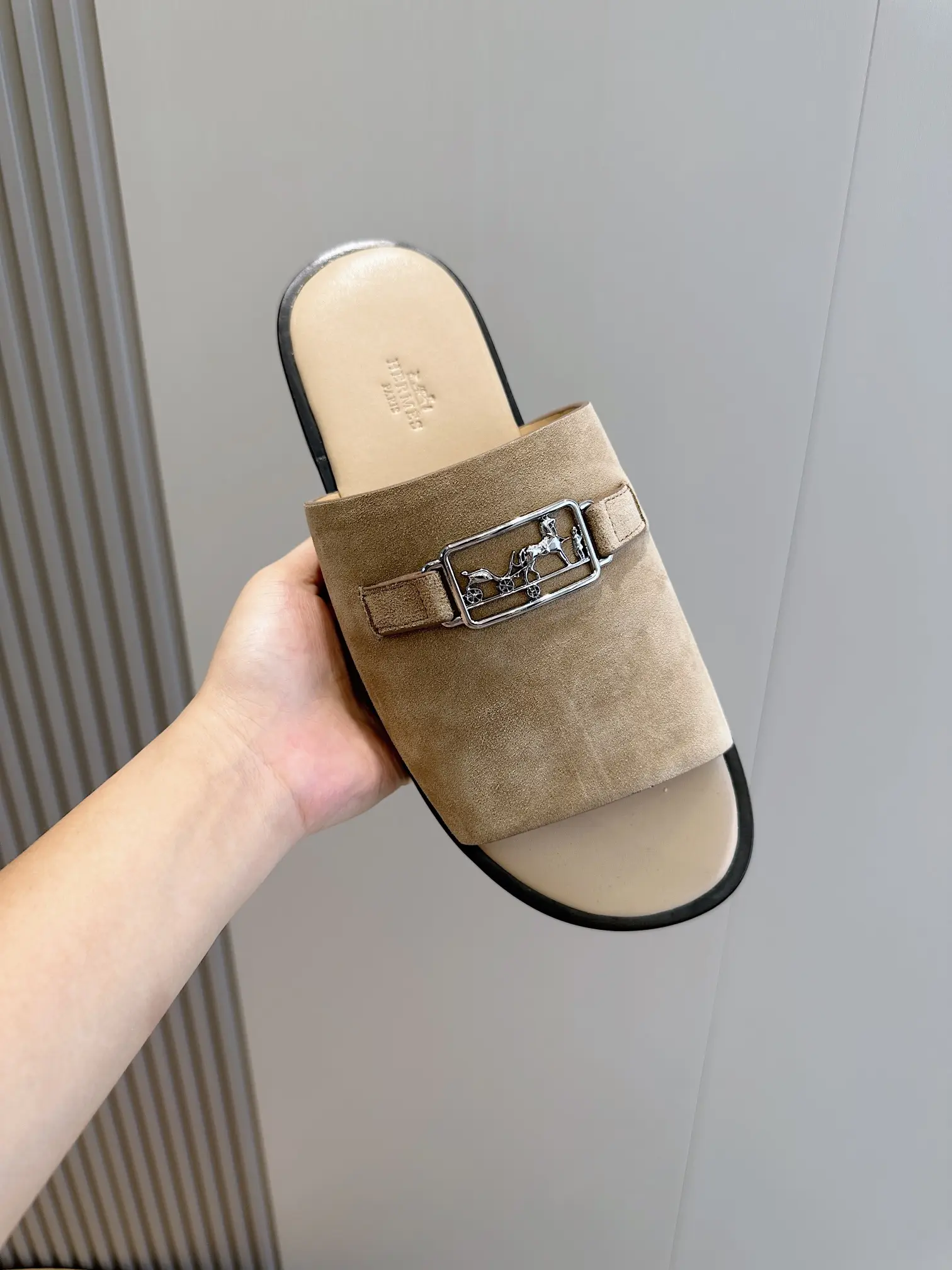Hermes Oran slide sandal beige suede leather with silver horsebit buckle and leather sole