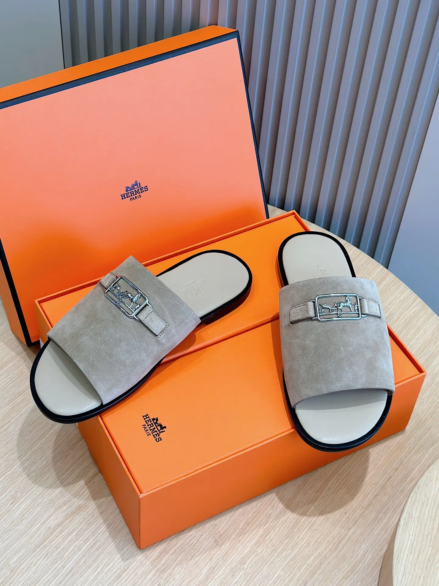 Hermes leather slides grey suede upper silver buckle detailing luxury sandals