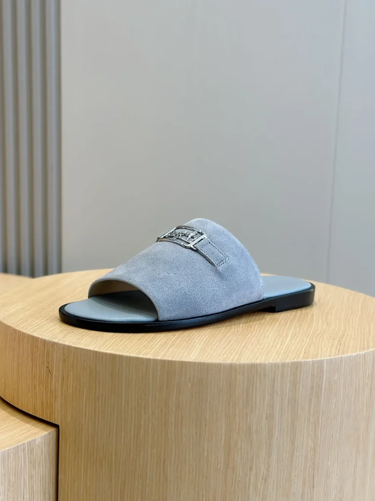 Hermes Oran Slide 2024 light blue suede leather flat sandals with silver hardware buckle detail