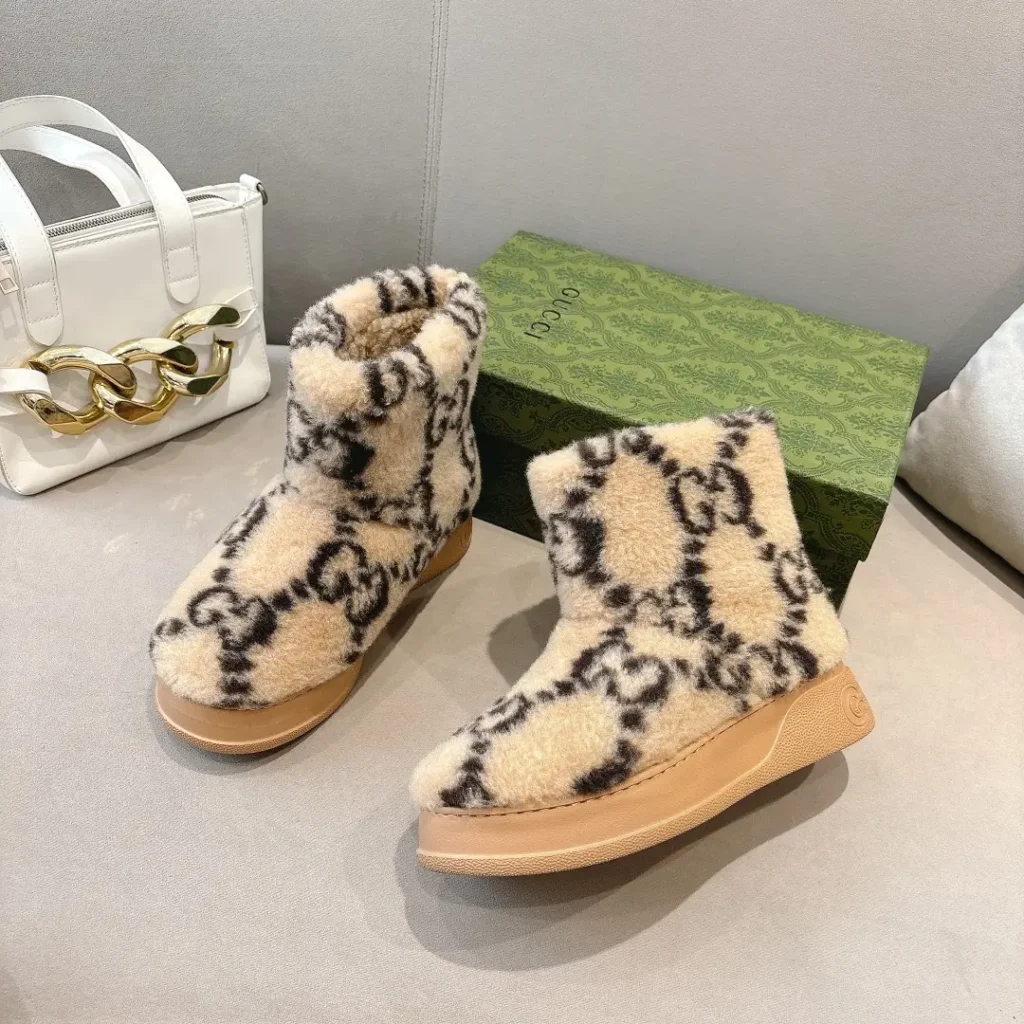Gucci shearling boots beige black GG pattern wool upper rubber sole shoes