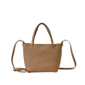 The Row Park tote bag in brown leather, featuring dual handles and a detachable shoulder strap, showcasing a minimalist design suitable for versatile use.