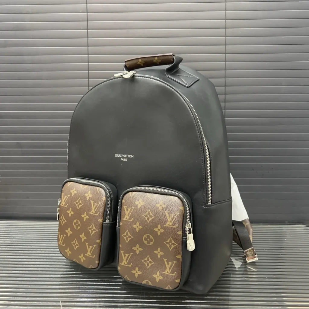 Louis Vuitton backpack medium black leather brown monogram canvas pockets with silver zippers