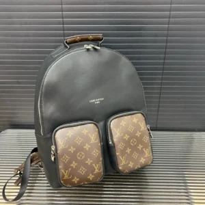 Louis Vuitton Montsouris MM backpack black leather monogram canvas front pockets brown trim