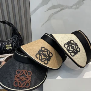 Loewe visor hats black beige natural straw with signature applique front trim accessories
