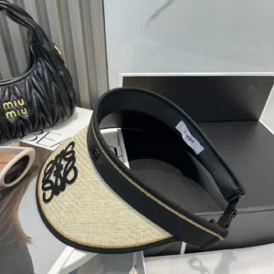 Loewe visor hat beige straw with black fabric trim and embroidered logo summer accessory