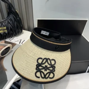 Loewe sun visor beige woven straw black fabric trim hat with black embroidered logo