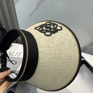 Loewe visor hat beige black woven straw fabric with black logo and black trim accessory