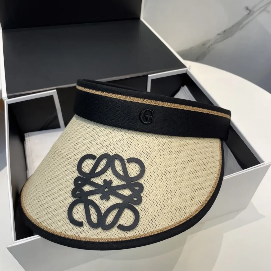 Loewe visor hat beige woven straw black trim and logo accessory with brown edge detail