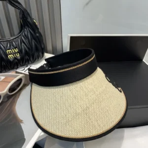 Chanel visor beige straw black trim logo patch summer accessory