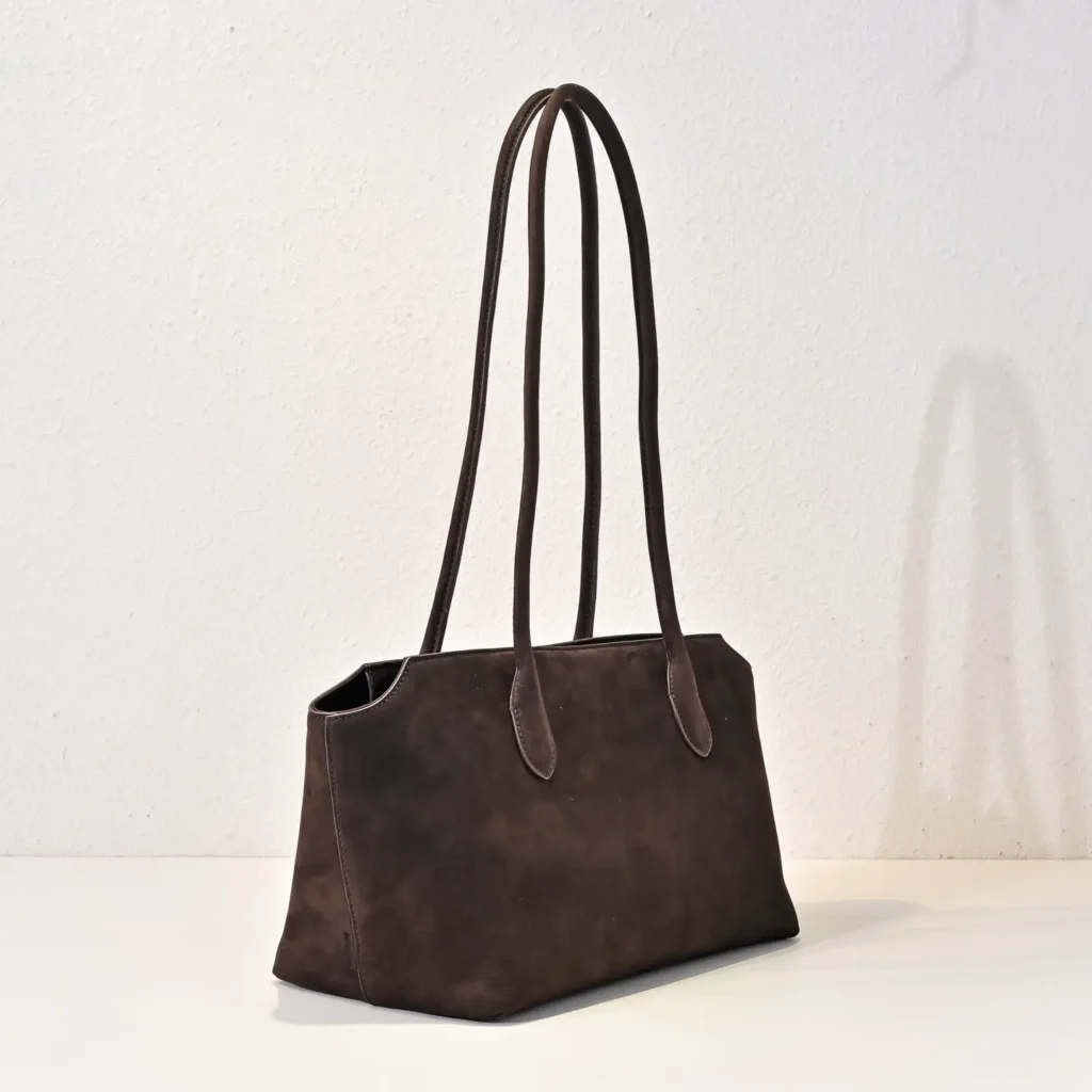 The Row Medium Leather Shoulder Bag dark brown suede leather