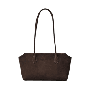 The Row Saddle leather shoulder bag in black with silver buckle, showcasing soft calf leather texture and long straps, ideal for commuting.