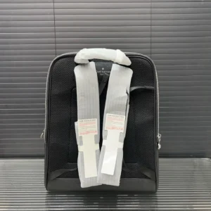 Louis Vuitton printed backpack with black mesh design and gray straps, showcasing replica craftsmanship and style for luxury fashion enthusiasts.