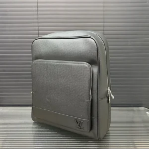 Louis Vuitton replica printed backpack in sleek black design with front pocket and logo detail.