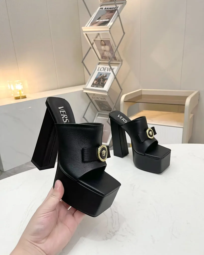 Versace platform mule sandals black leather gold medallion detail high heel slip-on shoes