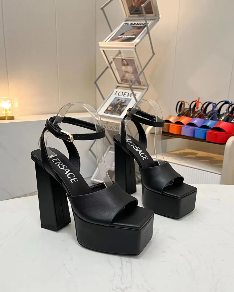 Versace platform sandals black leather open toe ankle strap high block heel shoes