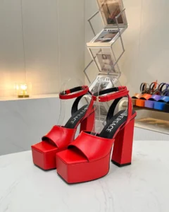 Versace platform sandals red leather open toe ankle strap high block heel shoes