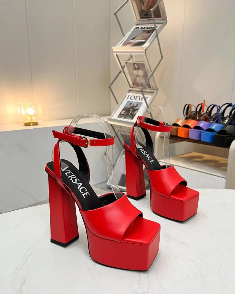 Versace platform high heel sandals red leather ankle strap block heel women's shoes