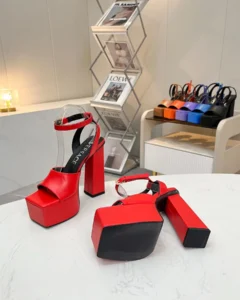 Versace platform sandals red leather block heel open toe ankle strap shoes