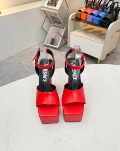Versace platform sandals red leather open toe ankle strap high heel shoes