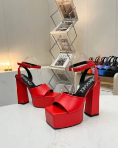 Versace platform sandals red leather open toe ankle strap high block heel shoes