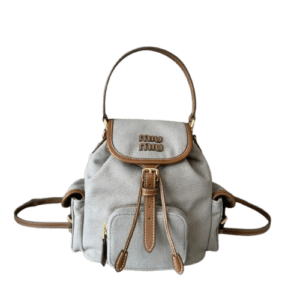 MIU MIU New College Style Backpack in light gray with leather accents, showcasing a multi-pocket design and durable construction, perfect for casual wear.