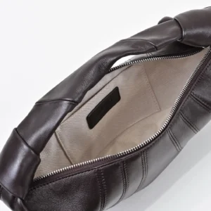 Bottega Veneta Mini Jodie 631614 dark brown leather handbag with beige fabric interior and silver zipper closure