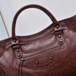 Balenciaga City Classic Large 550646 vintage brown distressed leather tote bag with zipper pocket and studs