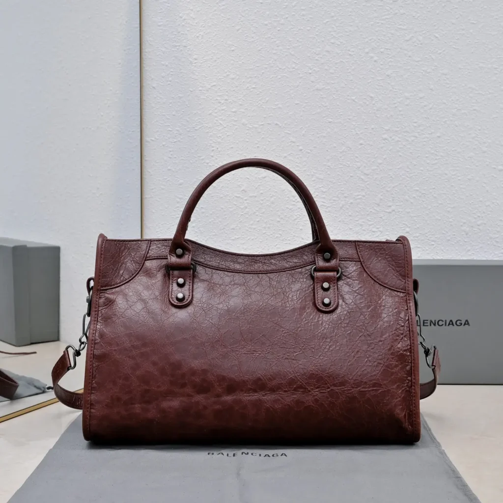 Balenciaga City Medium 339933 dark brown distressed leather handbag with top handles and detachable strap