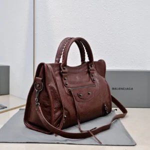 Balenciaga Classic City medium 114993 dark brown distressed leather handbag with zipper pocket and studs