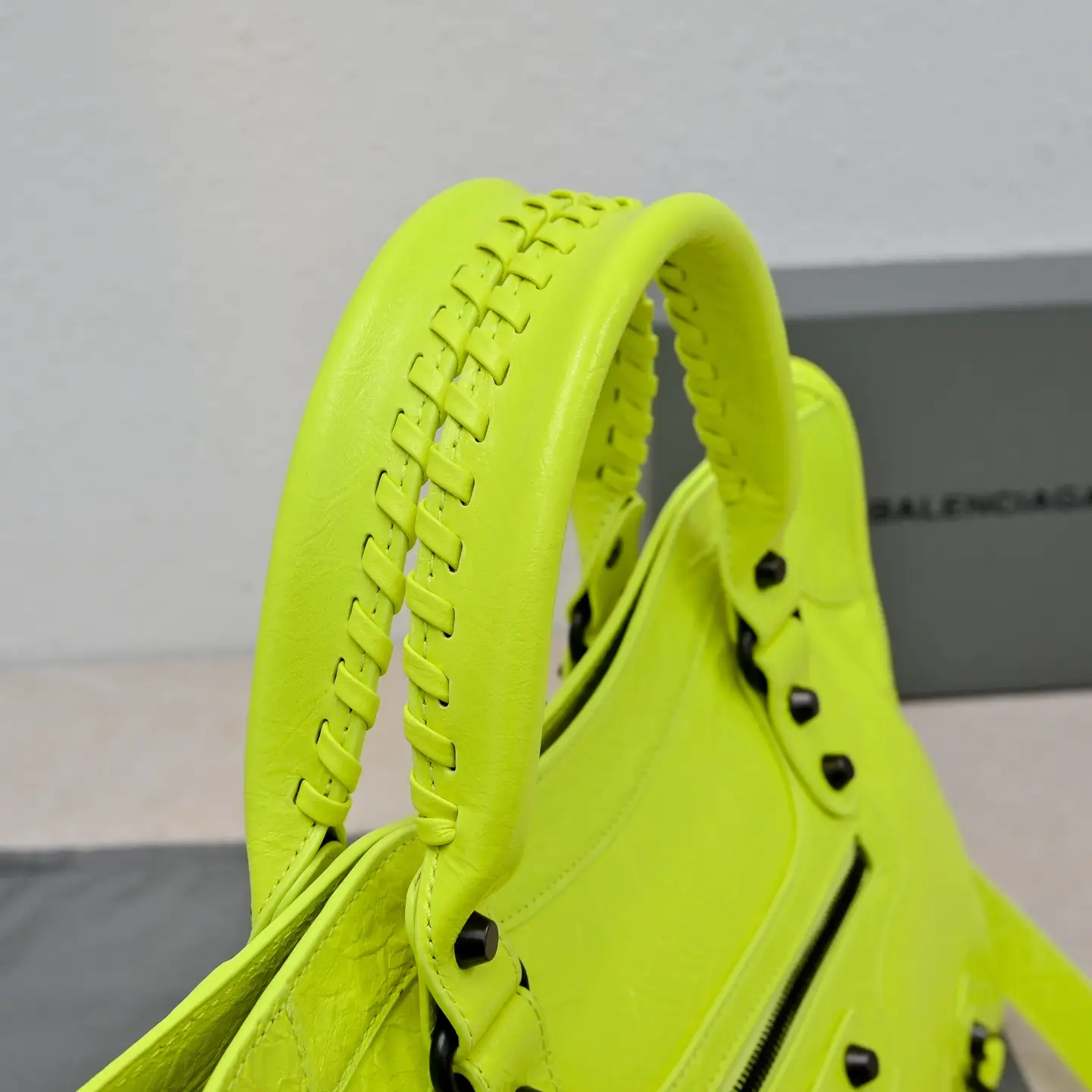 Balenciaga Classic City Bag Small Style 390346 neon yellow lambskin leather handbag with black studs and zipper details
