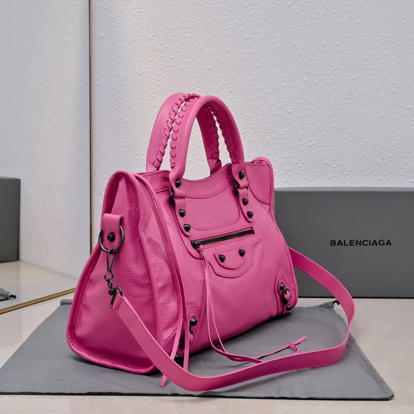 Balenciaga Classic City bag medium 639524 pink calfskin leather with black hardware studs and zipper