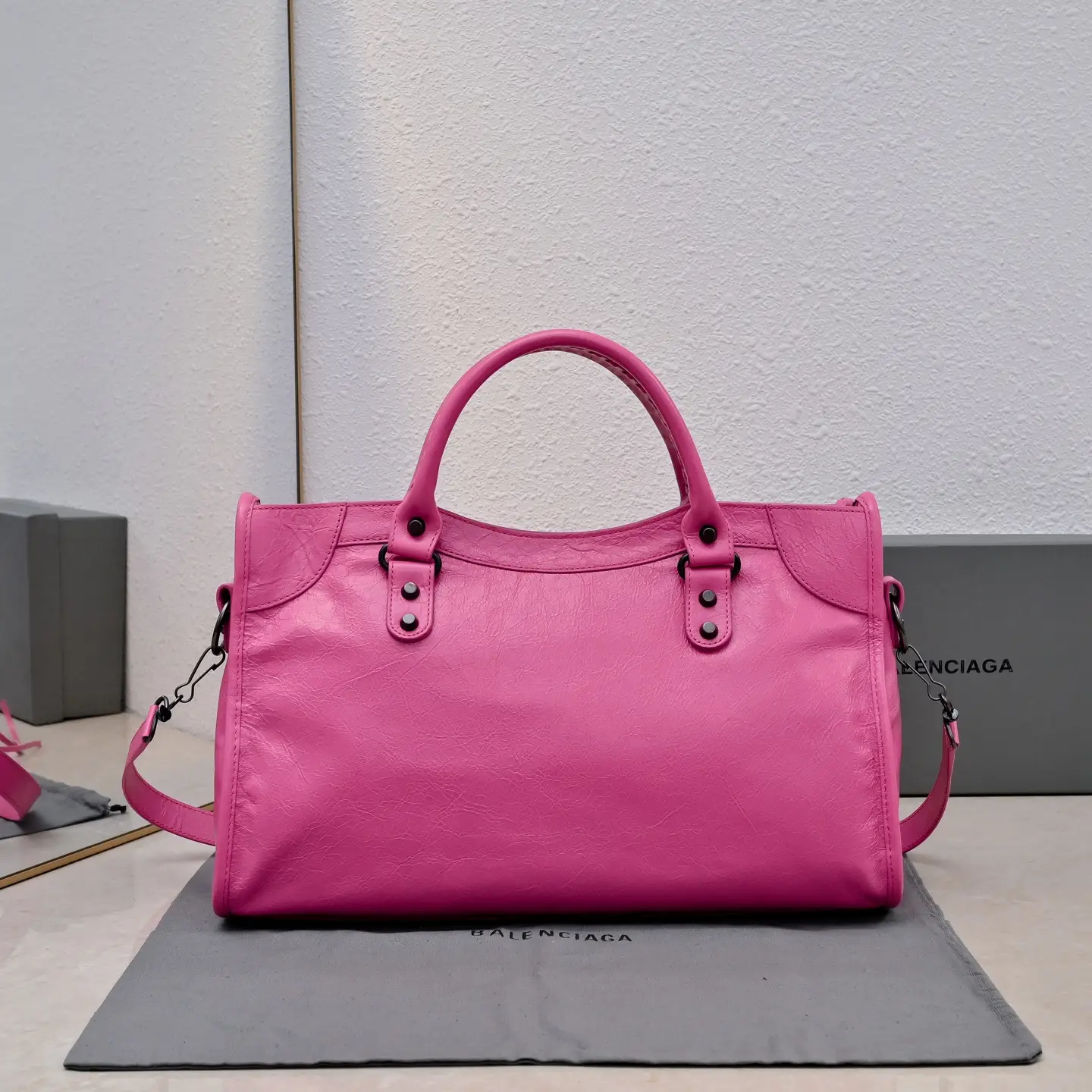 Balenciaga Ville XXS 579372 pink leather handbag with top handles and detachable strap