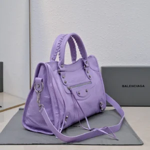 Balenciaga Classic City Bag medium lavender cracked leather with silver hardware and detachable shoulder strap