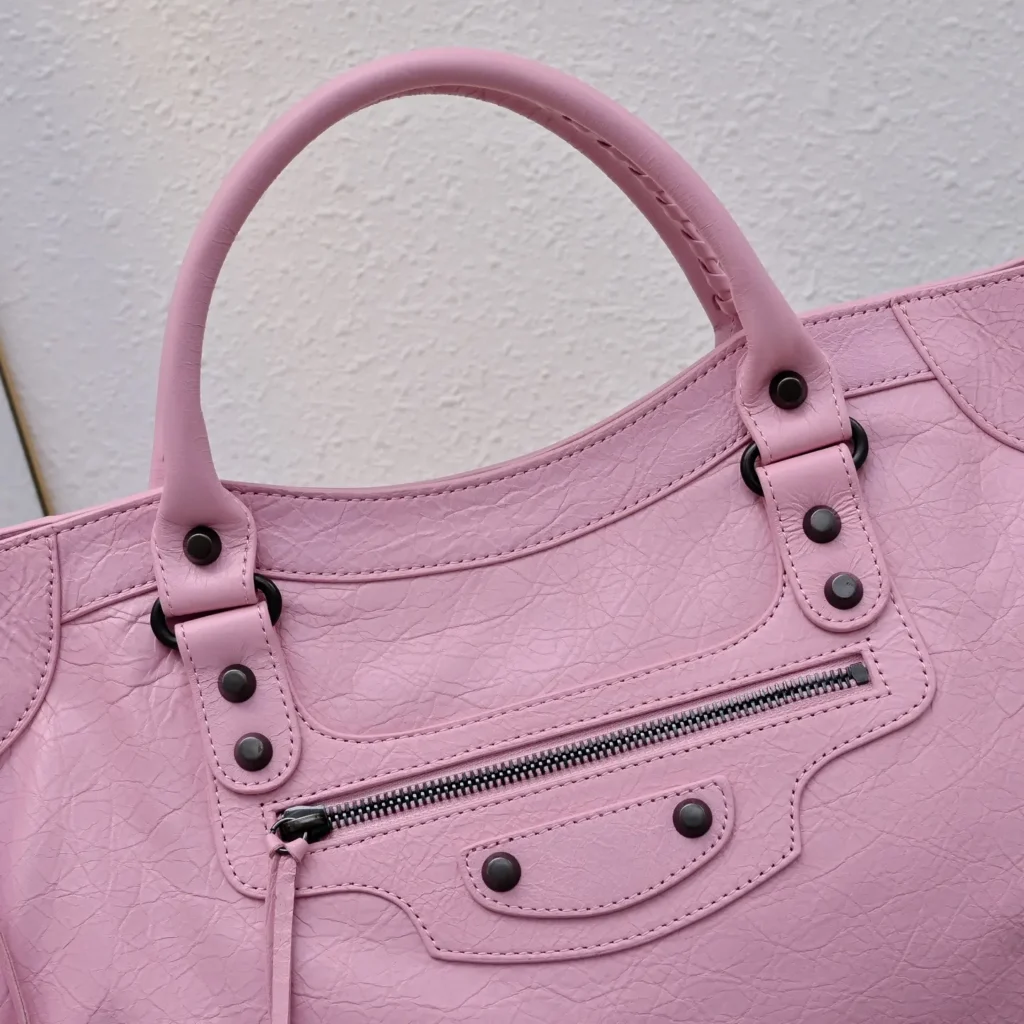 Balenciaga Classic City Large handbag pink distressed leather with black hardware and zipper pocket