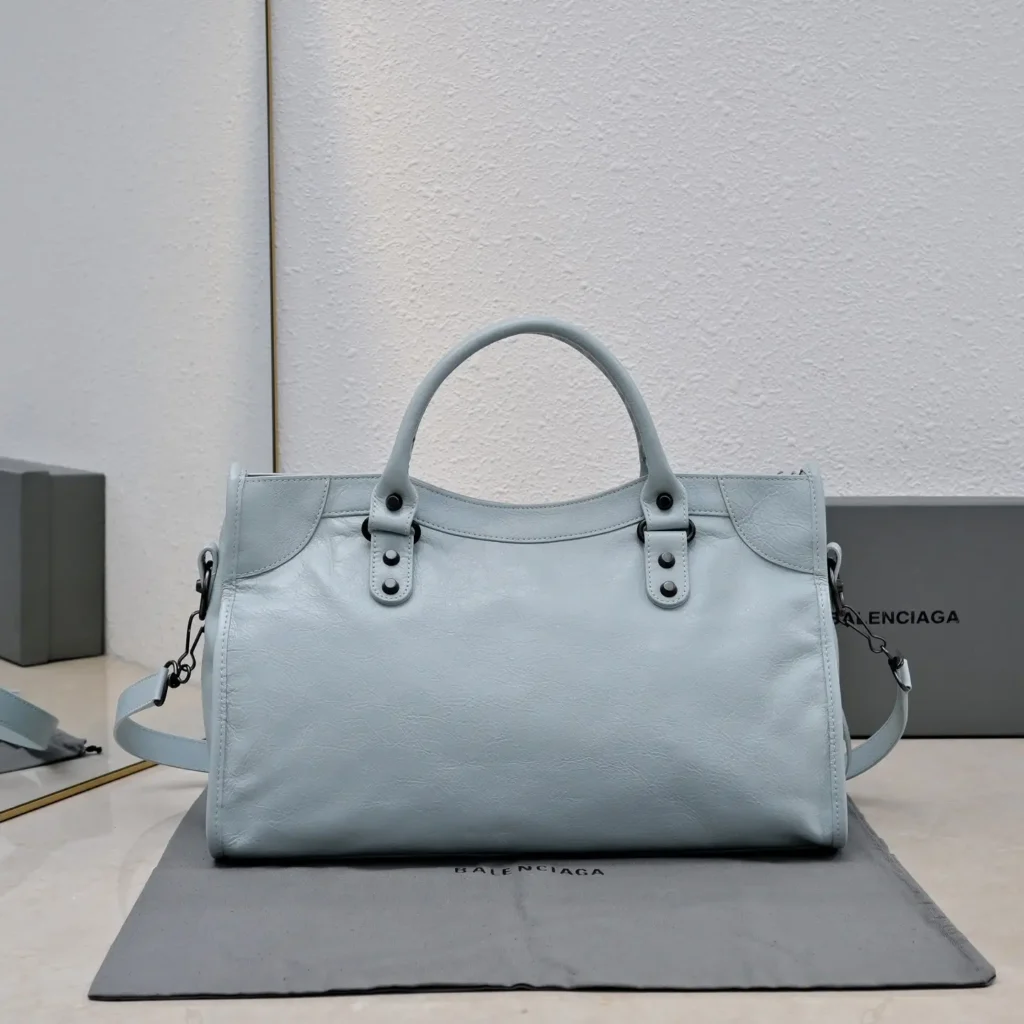 Balenciaga Classic City 12 Bag S sky blue calfskin leather handbag with removable strap