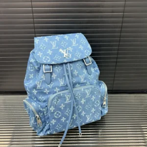 Louis Vuitton Montsouris GM backpack blue monogram denim canvas with leather straps and silver hardware