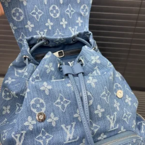 Louis Vuitton Montsouris MM backpack blue monogram denim canvas bag with leather trim and silver hardware