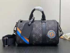 Louis Vuitton Mini Duffle bag black monogram canvas with orange and blue stripes leather handles and strap