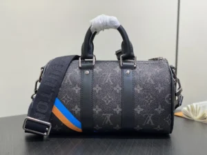 Louis Vuitton Neo Speedy 20 M45814 black monogram canvas duffle bag with blue and orange accents leather trim