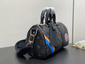 Louis Vuitton Keepall 50 M45848 monogram canvas bag black with blue and orange stripes leather handles