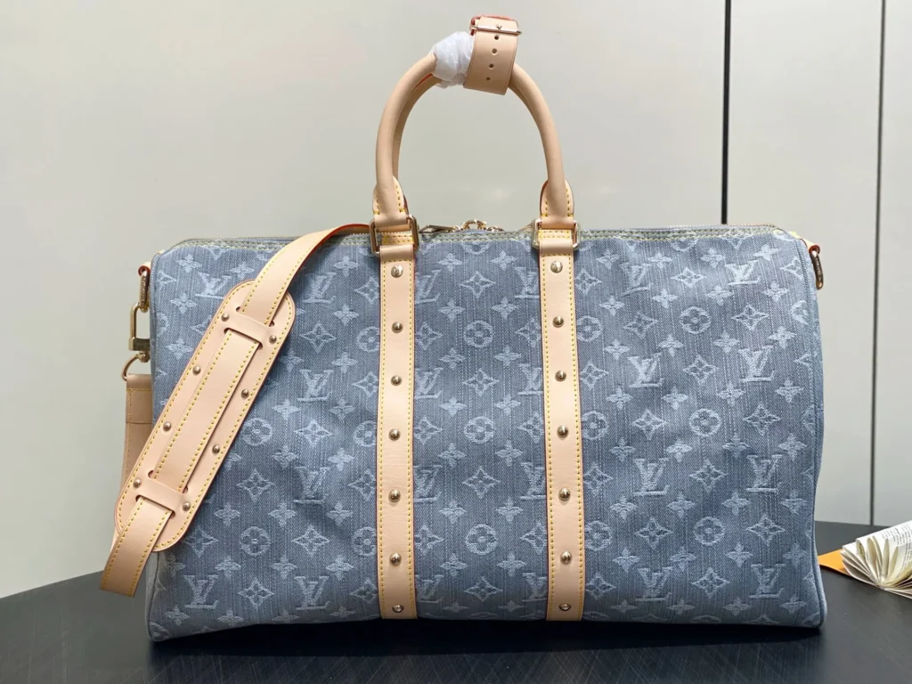 Louis Vuitton Keepall 50 M44022 monogram denim duffle bag blue natural leather trim