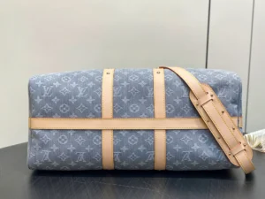 Louis Vuitton Keepall 50 M45714 monogram denim canvas duffle bag blue natural leather trim