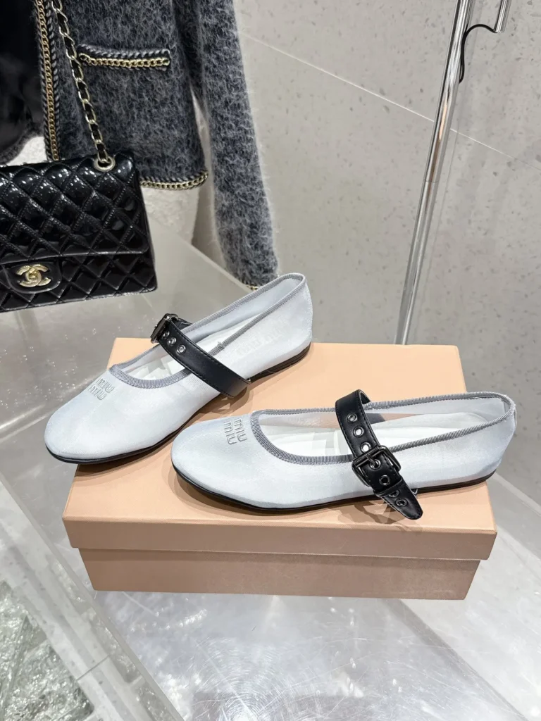 Miu Miu Mary Jane flats white fabric black leather strap rounded toe shoes