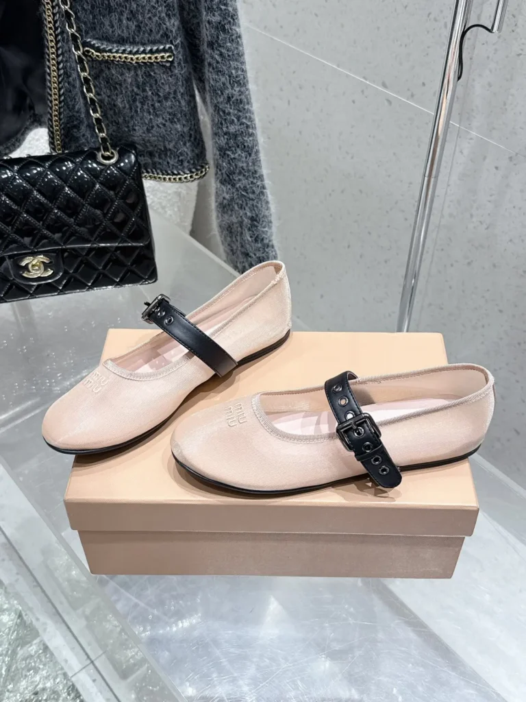 Miu Miu Mary Jane Flats beige fabric black leather strap ballet shoes