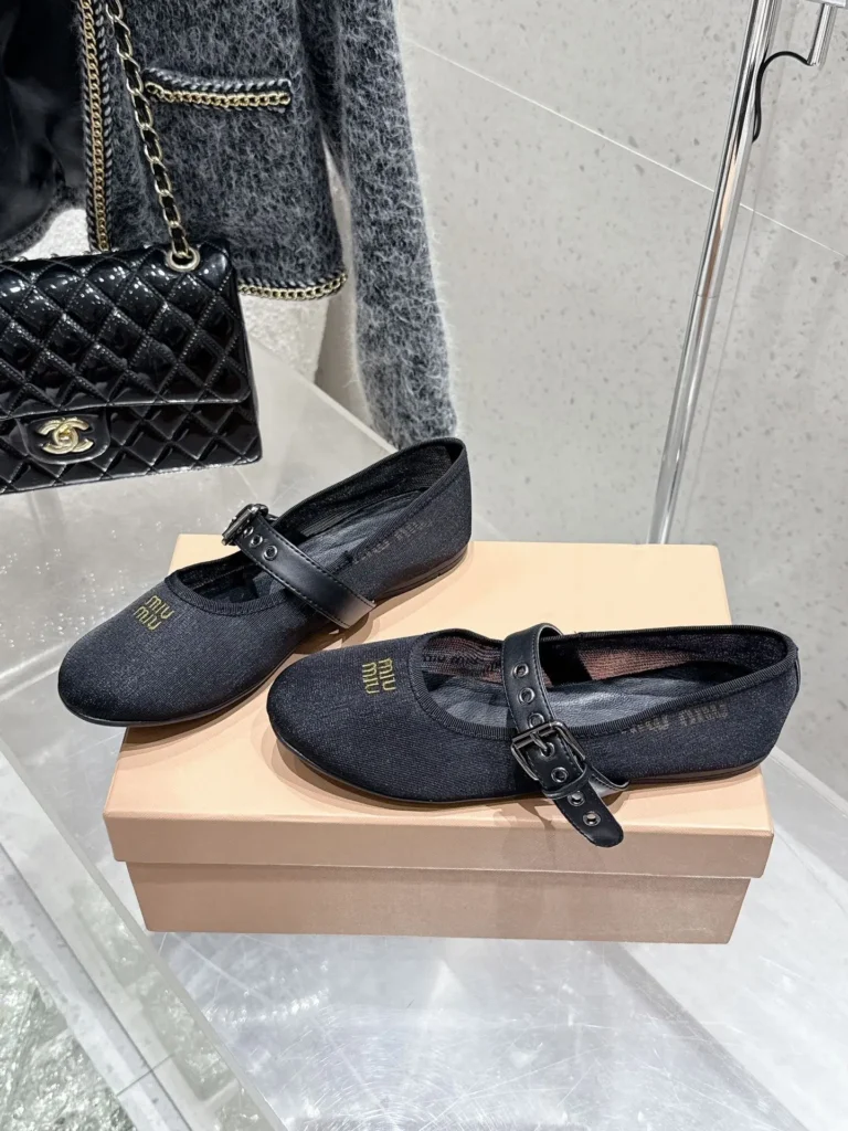 Miu Miu Mary Jane Flats black fabric leather strap buckle shoes with gold logo embroidery