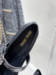 Miu Miu Mary Jane black fabric flats with silver leather strap and buckle buckle shoes