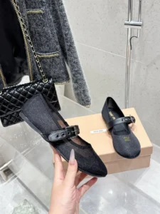 Miu Miu Mary Jane flats black mesh fabric leather strap buckle shoes